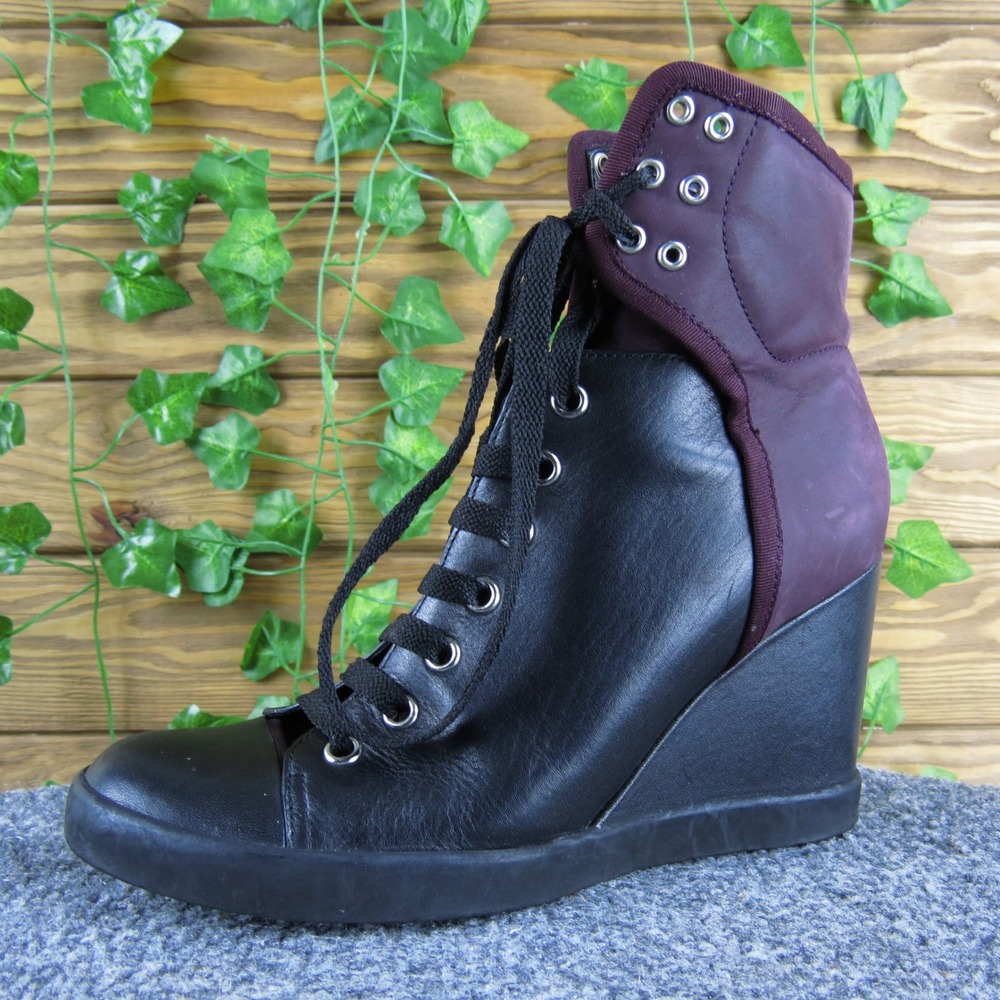 See By Chloe Women's 38 Black Leather Wedge Sneaker Boots High Top Designer‎